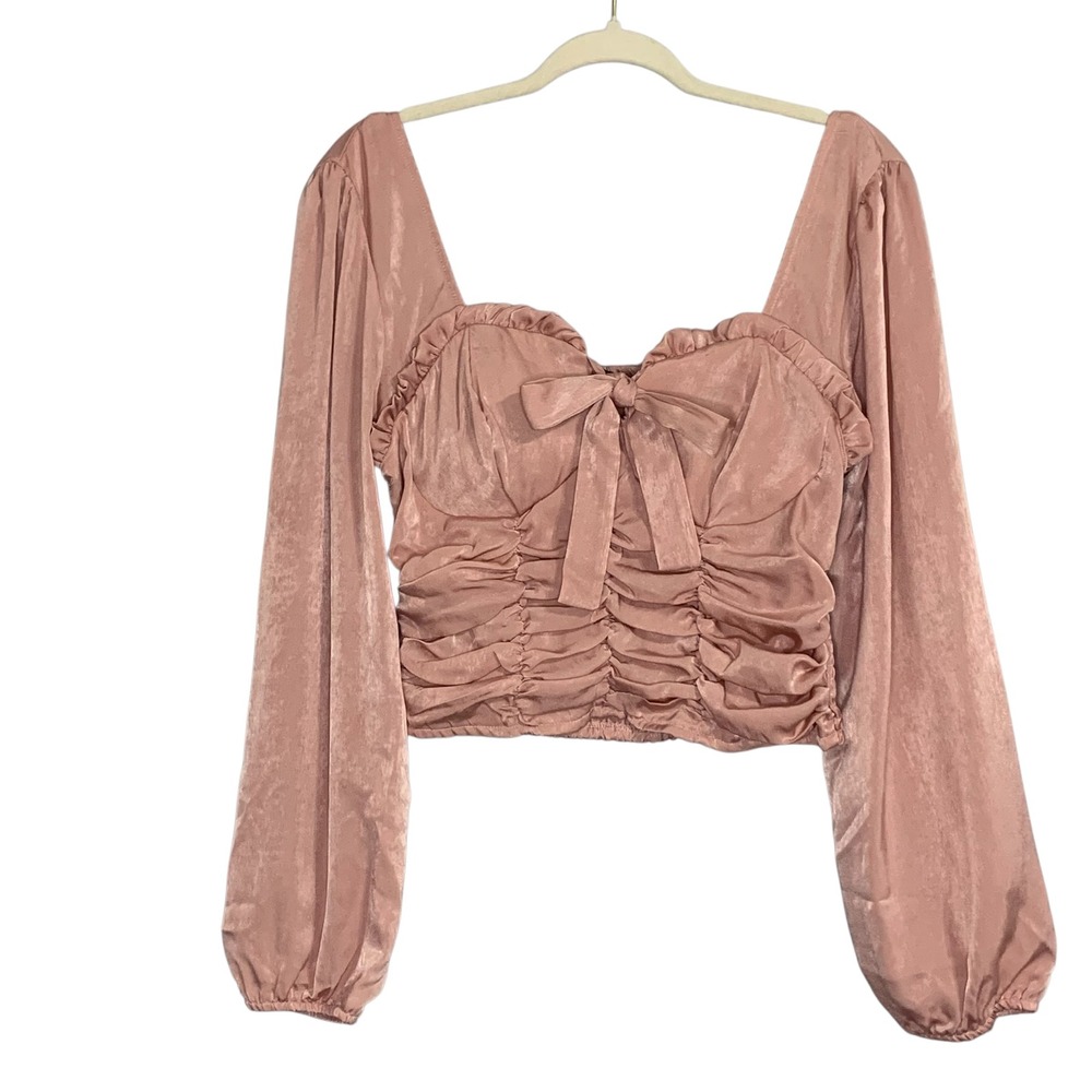 Blashe‎ Ruched Crop Top Sweetheart Neck Long Sleeve Blouse Pink Size L